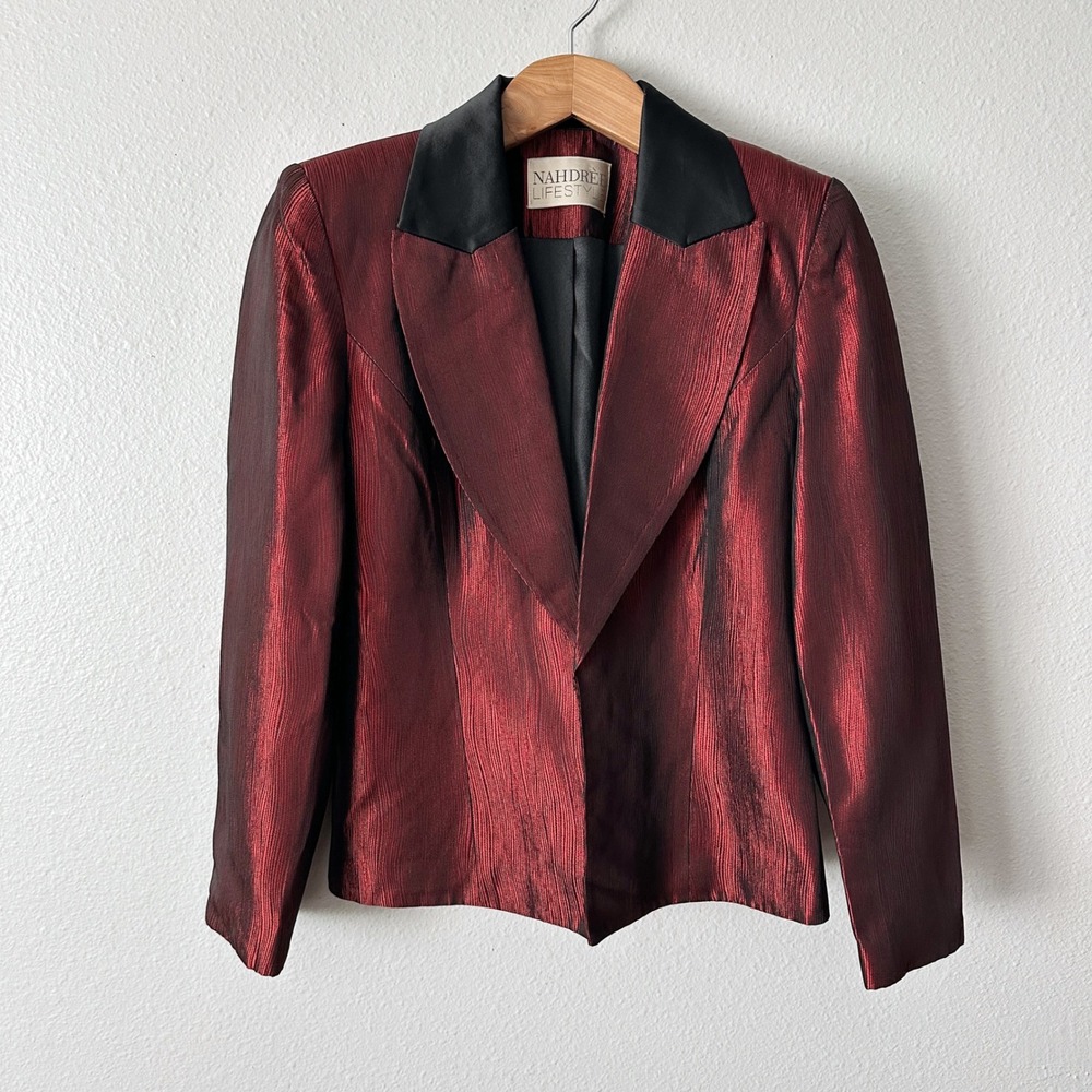 Vintage Nahdree Lifestyle Red Metallic Sateen Blazer Jacket Women's Size 10 - Picture 3 of 15